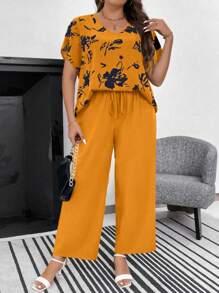 SHEIN LUNE Talla grande Top con estampado floral de manga murciélago & Pantalones de cintura con cordón - Amarillo Mostaza - Ver 3