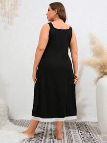 Plus Contrast Lace Cami Pajama Nightdress, Long Dress - Black - View 2