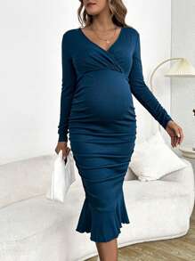 SHEIN 優雅荷葉邊 交叉 褶邊純色孕婦連身裙 - 藍色 - 查看 4