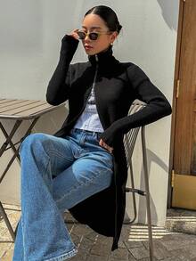 DAZY 拉鏈開襟條紋針織長款開衫