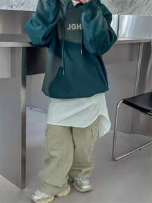 青少年男孩单件字母图案袋鼠口袋抽绳卫衣 - 墨綠色 - 查看 6