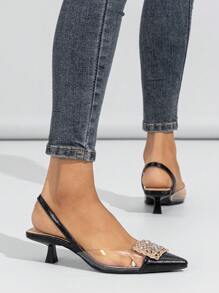 Fall/Winter 2025 Women's Spring Summer Outdoor Transparent High Heels With Rivets, Pointed Toe And Color-Blocking Design, Kitten Heels, Elegant, Women Pumps - Black - View 7