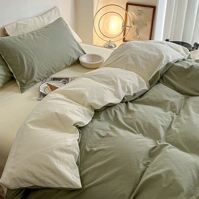 3 件套绿色和米色宿舍/卧室床上用品套装，1 件羽绒被套和 2 件枕套，无填充物，可机洗