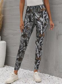 SHEIN LUNE Plants Print Elastic Waist Leggings - Multicolor - View 5