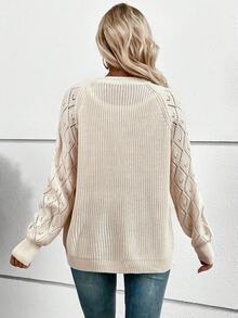 SHEIN LUNE 插肩袖前紐扣網眼針織開襟衫 - 杏色 - 查看 2