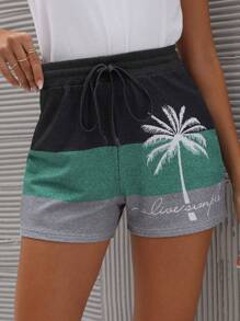 SHEIN LUNE Coconut Tree & Letter Graphic Colorblock Drawstring Waist Shorts - Multicolor - View 1
