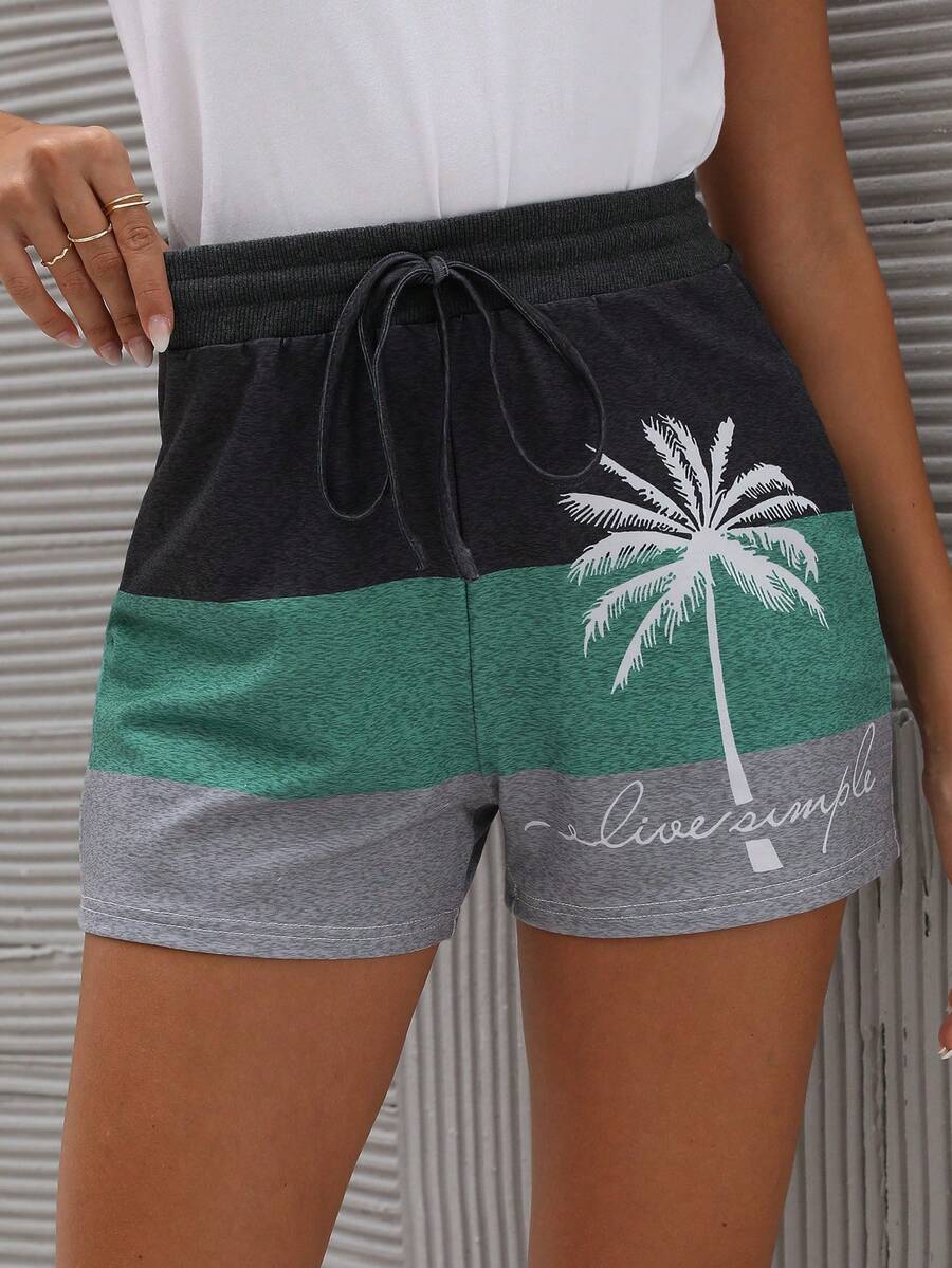 SHEIN LUNE Coconut Tree & Letter Graphic Colorblock Drawstring Waist Shorts - Multicolor - View 1