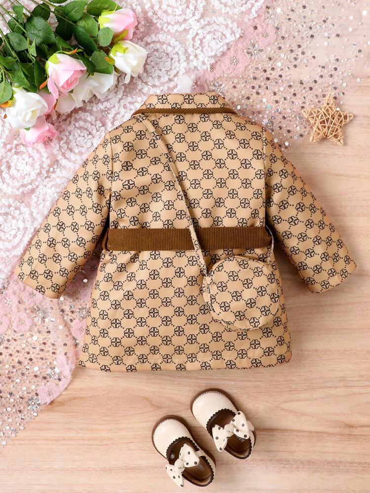 Baby Girl Allover Print Contrast Binding Belted Coat & Belt Bag