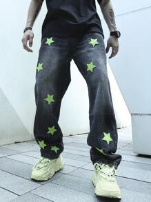Manfinity EMRG Men Star Patched Straight Leg Jeans