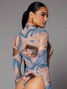 Silquee Marble Print Mock Neck High Cut Bodysuit - Multicolor - View 2