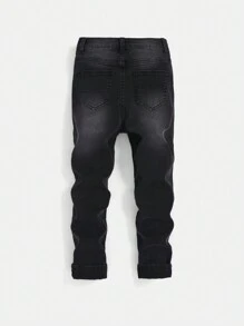 SHEIN 男大童破洞拼接面牛仔褲 - 黑色 - 查看 2