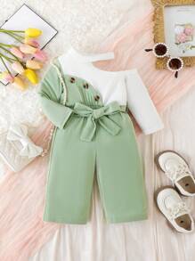 女嬰雙色不對稱領腰帶連身褲 - 綠色 - 查看 1