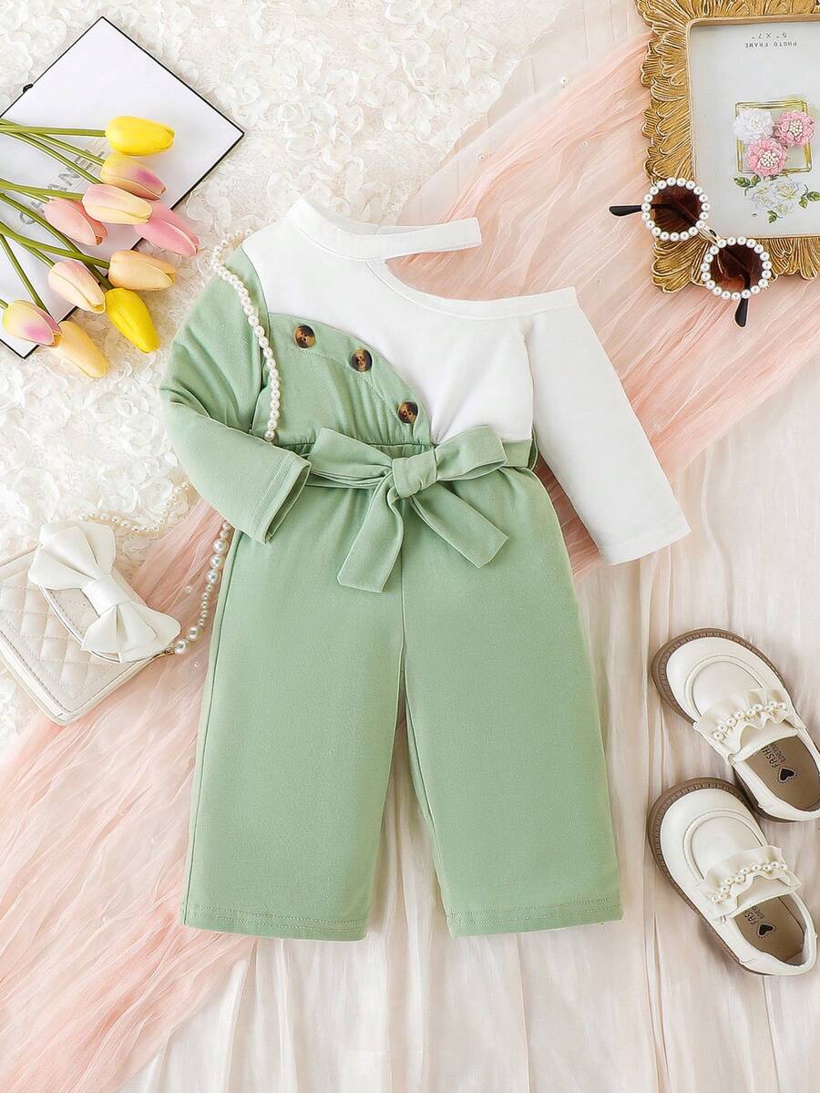 女嬰雙色不對稱領腰帶連身褲 - 綠色 - 查看 1