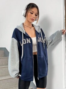 SHEIN EZwear Đồ họa Chữ cái Khối màu Thả vai Hoodie - Màu xanh hải quân - Xem 4