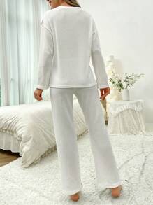 Heart Print Drop Shoulder PJ Set - White - View 2