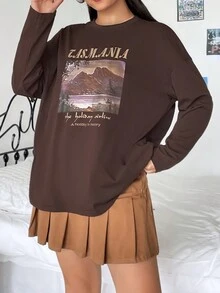 SHEIN EZwear Plus Mountain & Slogan Graphic Drop Shoulder Tee - Apricot - View 4