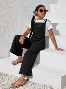 SHEIN 女大童1入組雙口袋肩上打結闊腿背帶褲 - 黑色 - 查看 6