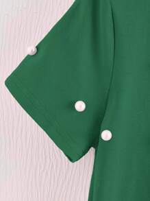 SHEIN Leap Crew Young Girl Pearls Detail Tee - Green - View 4