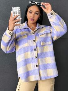 SHEIN EZwear Plus Buffalo Plaid Print Drop Shoulder Flap Pocket Overcoat - Violet Purple - View 5