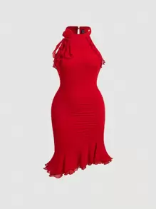 SHEIN MOD Vestido De Cuerpo Ajustado Con Trim De Volantes Y Diseño Rizado, Vestido De Flamenco - Rojo - Ver 1