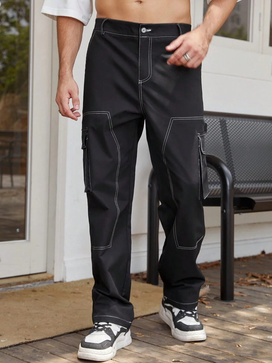 Manfinity EMRG Men Top-stitching Flap Pocket Side Cargo Pants - Black - View 1