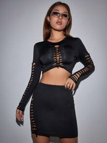 VaVaBold Cut Out Crop Tee & Bodycon Skirt - Black - View 5