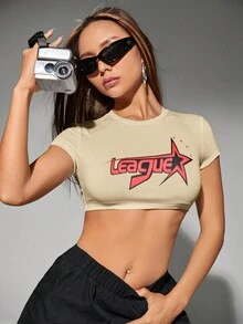 SHEIN ICON 星星&字母圖案短款上衣 - 杏色 - 查看 3