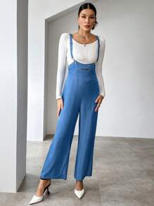 SHEIN Unity Solid Wide Leg Overall Jumpsuit Without Tee - Blue - View 7