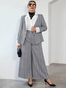 SHEIN Privé Plus 1pc Contrast Peak Collar Plaid Blazer and 1pc Pants Set - Multicolor - View 1
