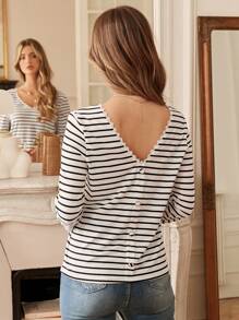 SHEIN Frenchy Striped Print Button Back Tee - Black and White - View 3