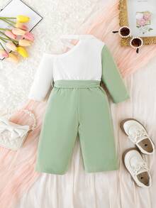 女嬰雙色不對稱領腰帶連身褲 - 綠色 - 查看 2