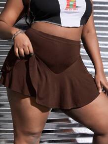 Slaydiva Plus High Waist Ruffle Hem Skort - Chocolate Brown - View 5
