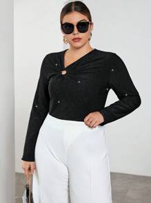 SHEIN Privé Plus Ring Linked Glitter Tee - Black - View 3