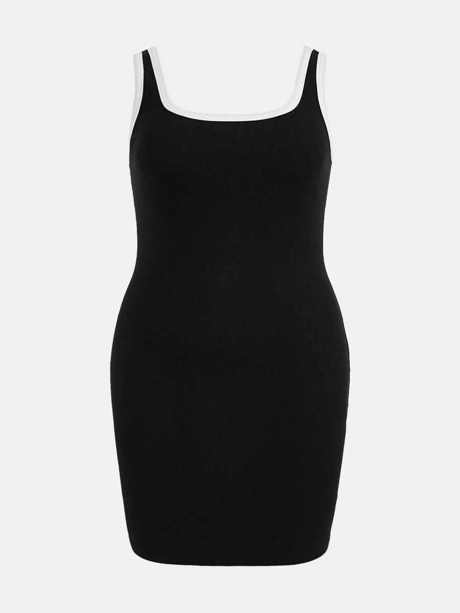 SHEIN BASICS Plus Contrast Binding Bodycon Casual Dinner Dress - Black - View 1