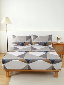 3pcs Fitted Sheet Sets 90g Polyester Fabric Brushed With Geometric Element Pattern, Include 1 Fitted Sheet And 2 Pillowcases