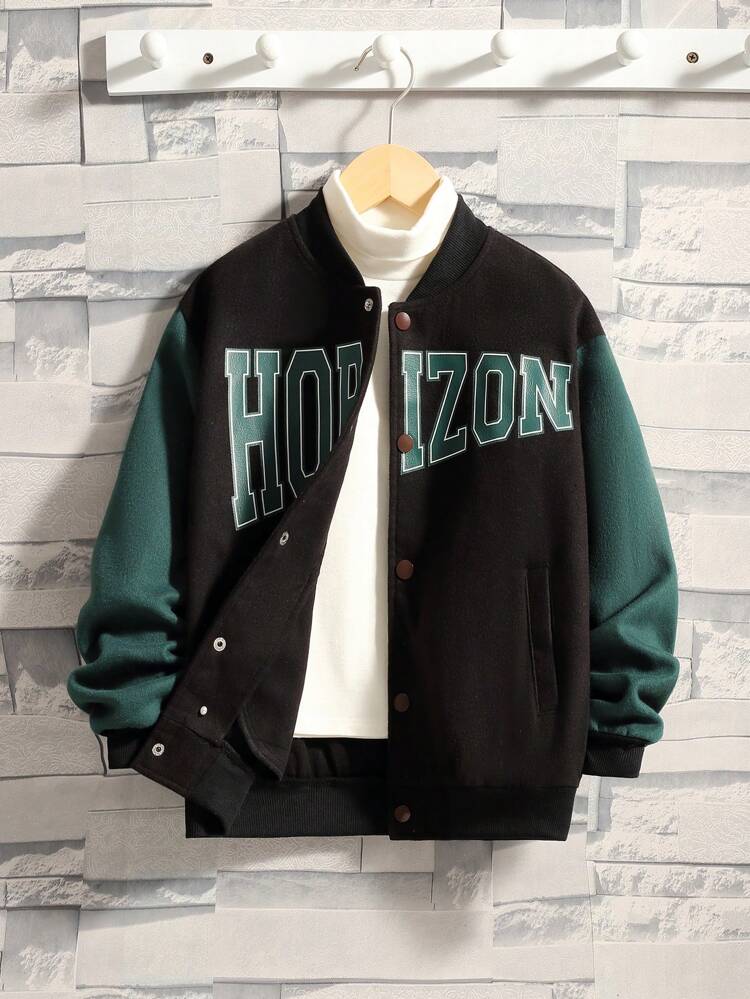 Tween Boy 1pc Letter Graphic Two Tone Varsity Jacket