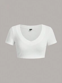 SHEIN EZwear 纯色短款 T 恤 - 白色 - 查看 1
