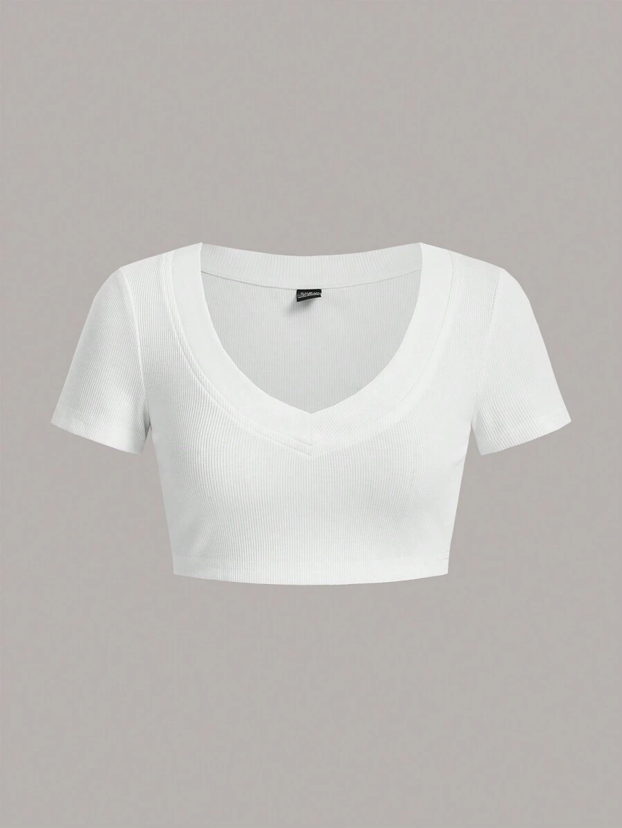 SHEIN EZwear 纯色短款 T 恤 - 白色 - 查看 1