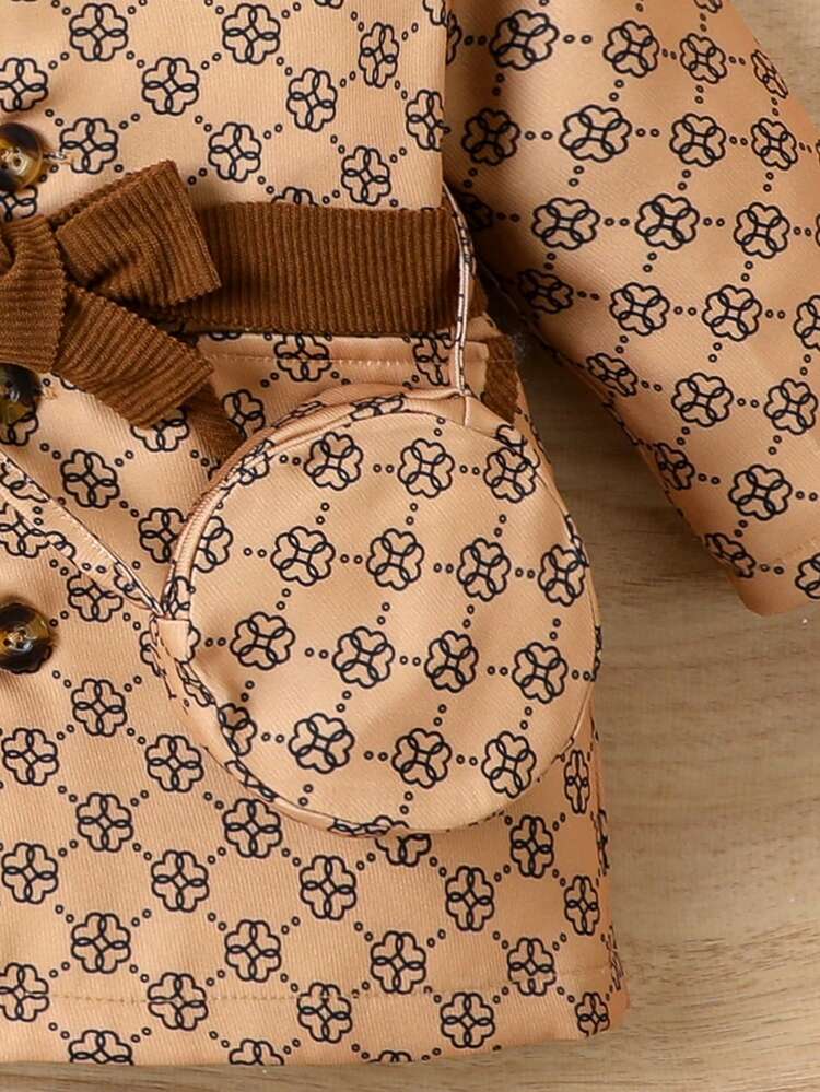 Baby Girl Allover Print Contrast Binding Belted Coat & Belt Bag