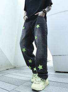Manfinity EMRG Men Star Patched Straight Leg Jeans