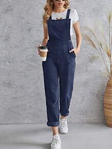 SHEIN LUNE Áo liền quần nữ viền lá sen Túi Dây kéo màu trơn Giải trí - Màu xanh hải quân - Xem 1