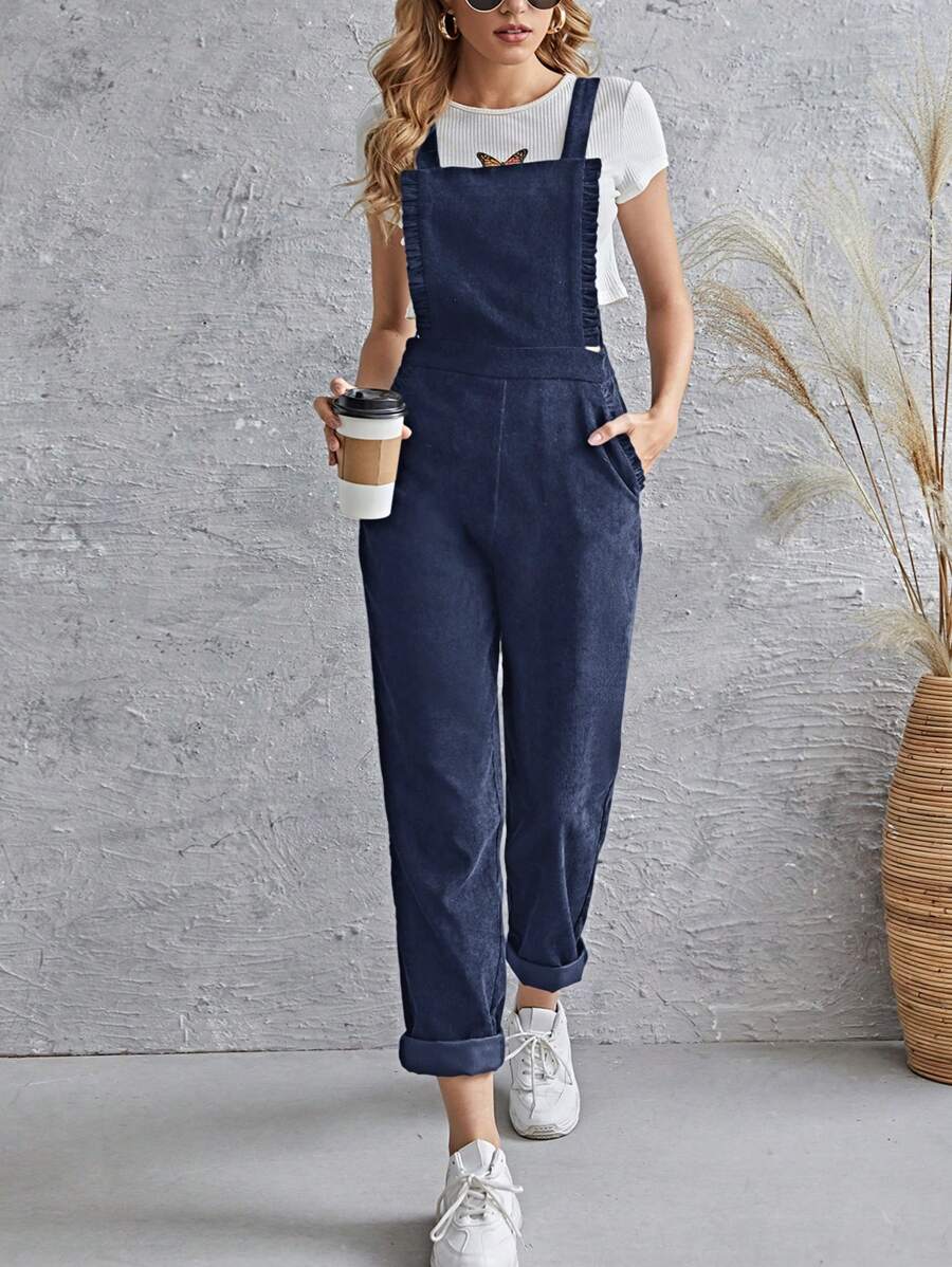 SHEIN LUNE Áo liền quần nữ viền lá sen Túi Dây kéo màu trơn Giải trí - Màu xanh hải quân - Xem 1