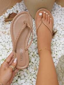 Fashionable Woven Toe Post Slippers Comfortable Flat Sandals - Apricot - View 1