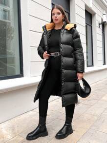 RueChic Plus Zip Up Snap Button Hooded Puffer Coat - Black - View 3