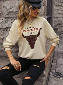 SHEIN LUNE 字母圖案落肩袖運動衫 - 杏色 - 查看 1