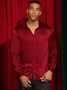 Manfinity Fever City Áo sơ mi nam vải satin cài nút phía trước, dành cho mùa thu - Đỏ - Xem 4