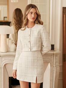 Serisse Teacher Outfits Plaid Print Jacket & Split Hem Grace Suits Skirt Winter Elegant Spring