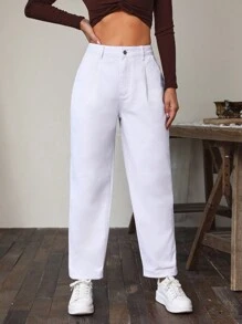 SHEIN Essnce Solid Slant Pocket Mom Fit Jeans