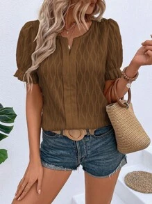 SHEIN LUNE Solid Notched Neck Puff Sleeve Blouse - Brown - View 1