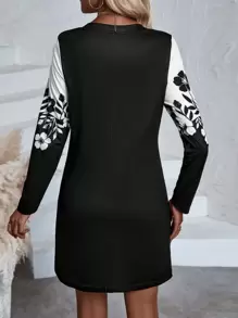 SHEIN LUNE Floral Print Colorblock Tee Dress - Black - View 2